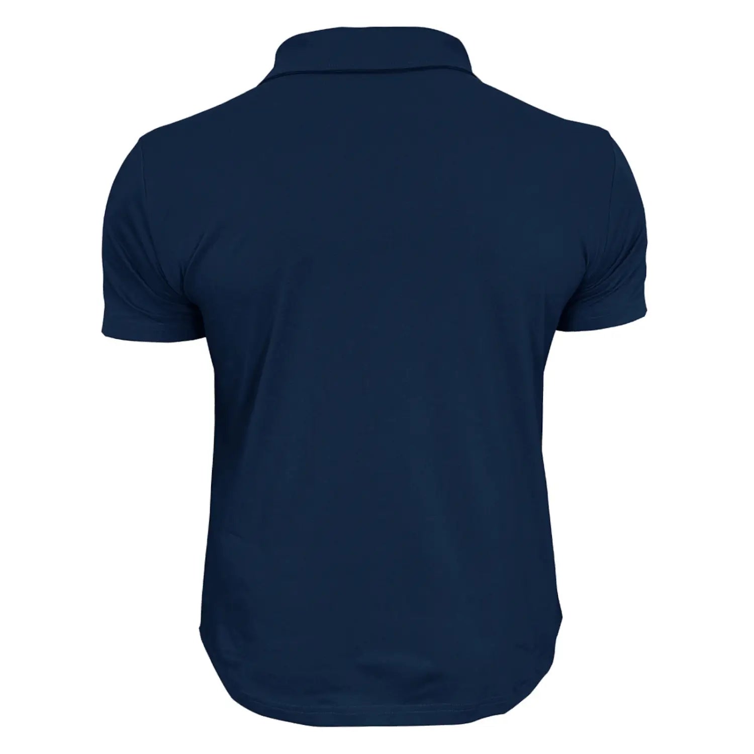Navy blue men’s dual pocket short sleeve polo shirt made of cotton blend fabric with a classic collar and smooth texture.