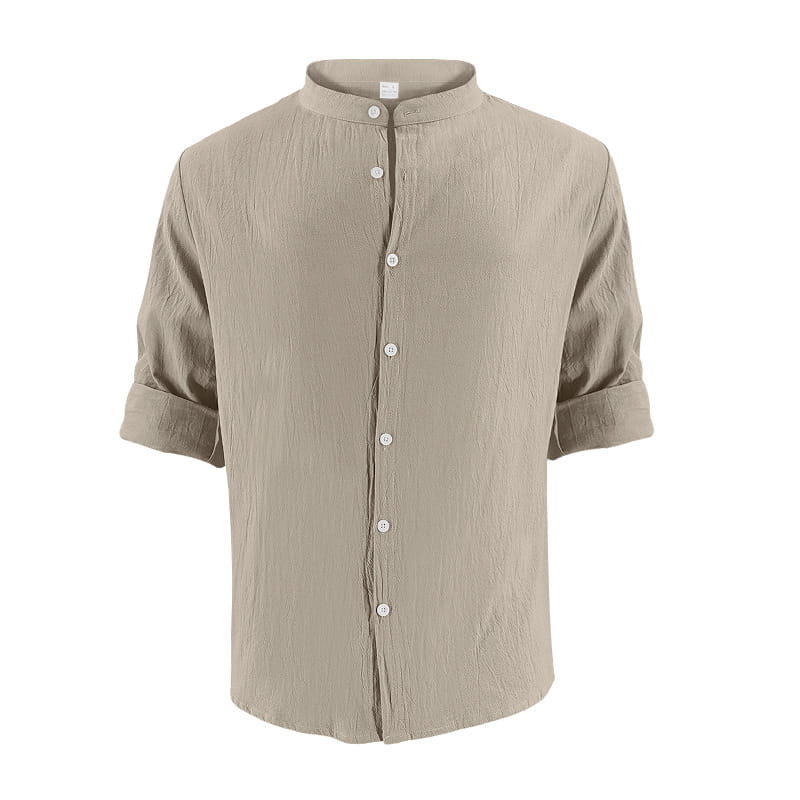 Camisa entallada para hombre en mezcla de lino beige, de manga larga, con cuello alzapié y mangas arremangadas.