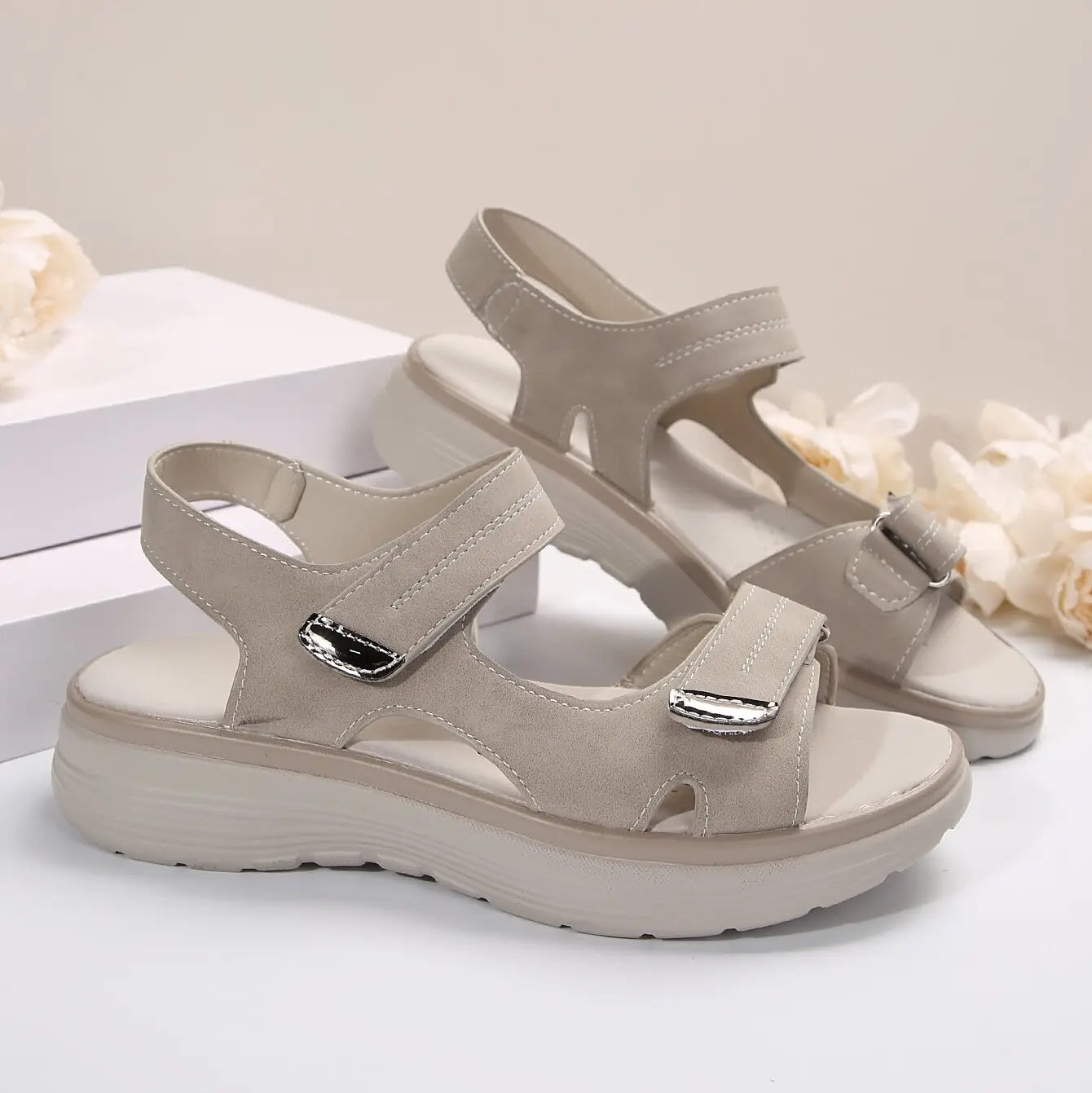 black lightweight fish mouth platform sport sandals for women with two velcro straps white stitching and chunky sole
