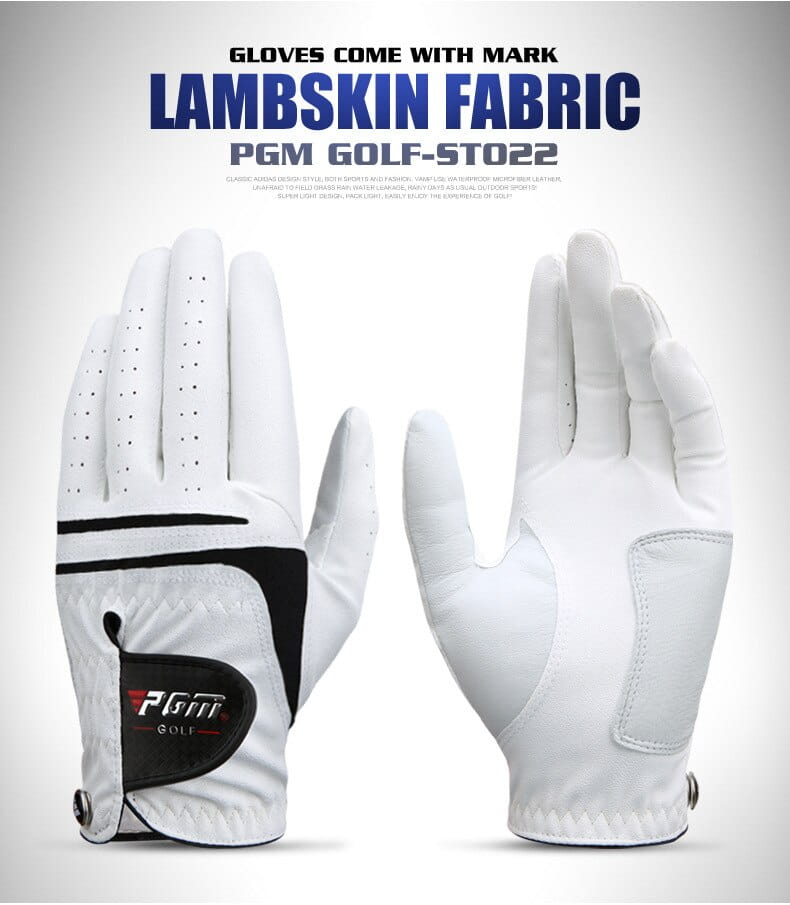 White and black PGM golf-st022 men genuine leather breathable golf glove made of lambskin fabric with perforated fingers for breathability shown from the back side.