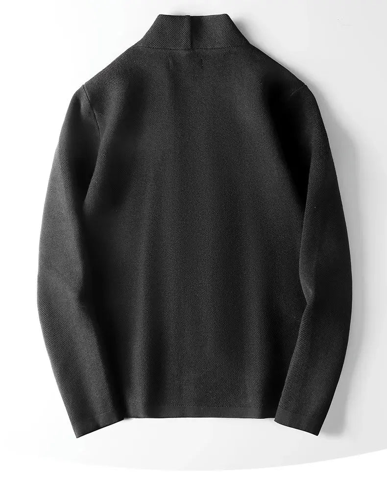 black knit sweater with high collar and long sleeves featured in men slim fit knit cardigan sweater olive green product line.