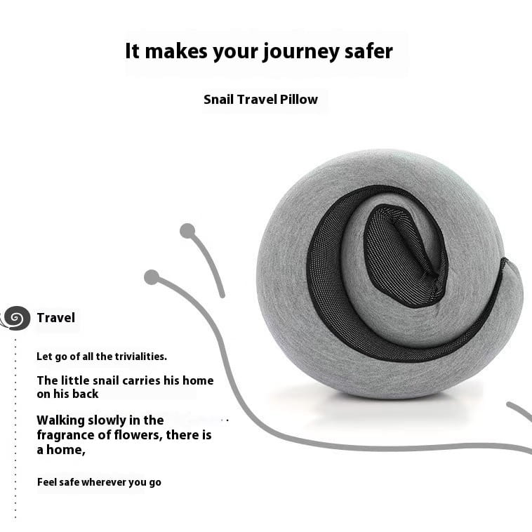 Gray and black memory foam travel neck pillow shaped like a snail with a breathable mesh interior for adjustable support