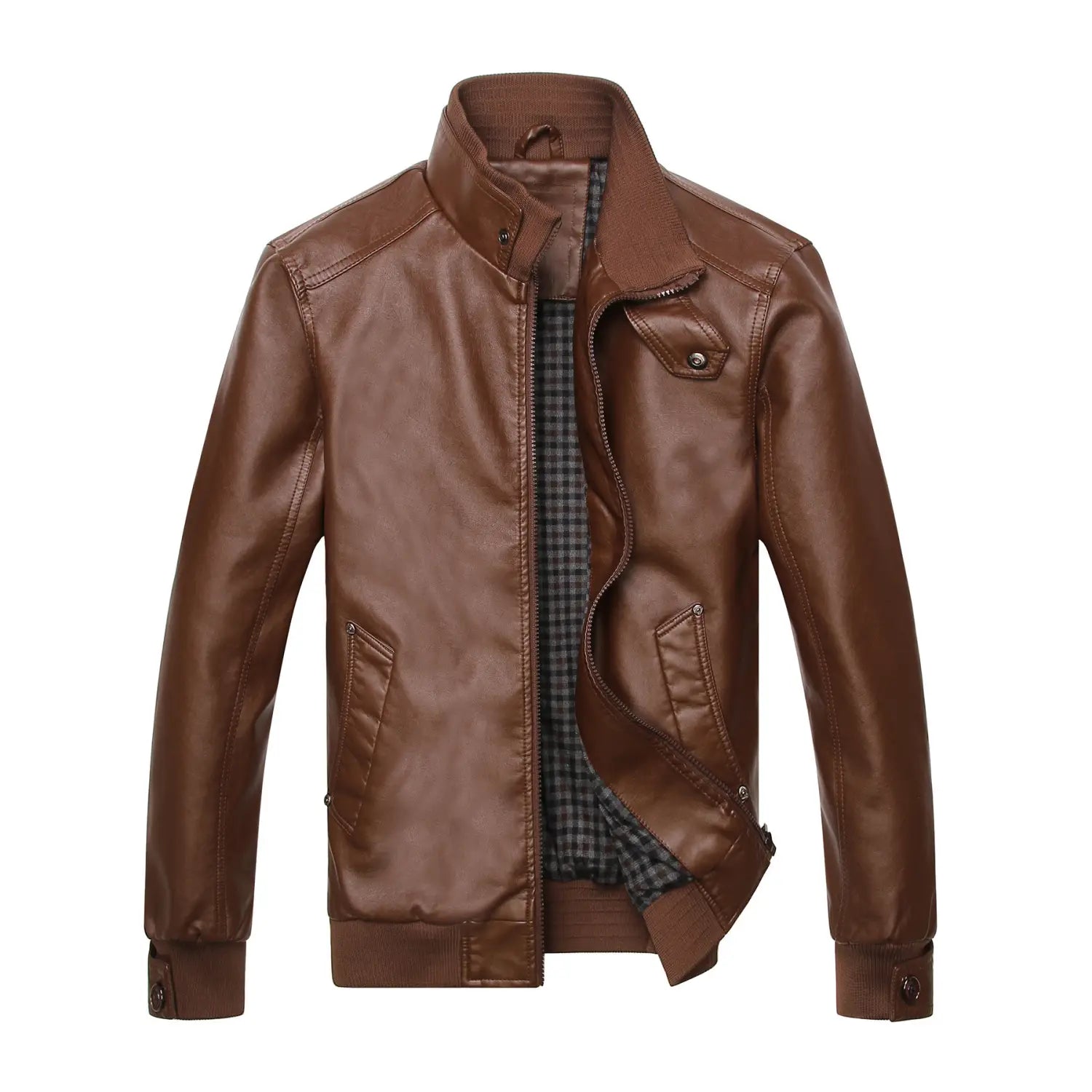 Men’s brown faux leather bomber jacket with stand collar and plaid lining displayed from the front.