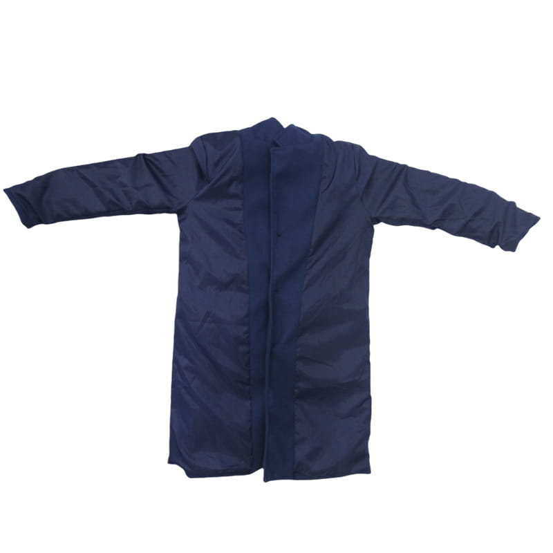 Men woolen overcoat classic single breasted winter jacket in dark navy blue with long sleeves, central zipper, and reinforced seams.