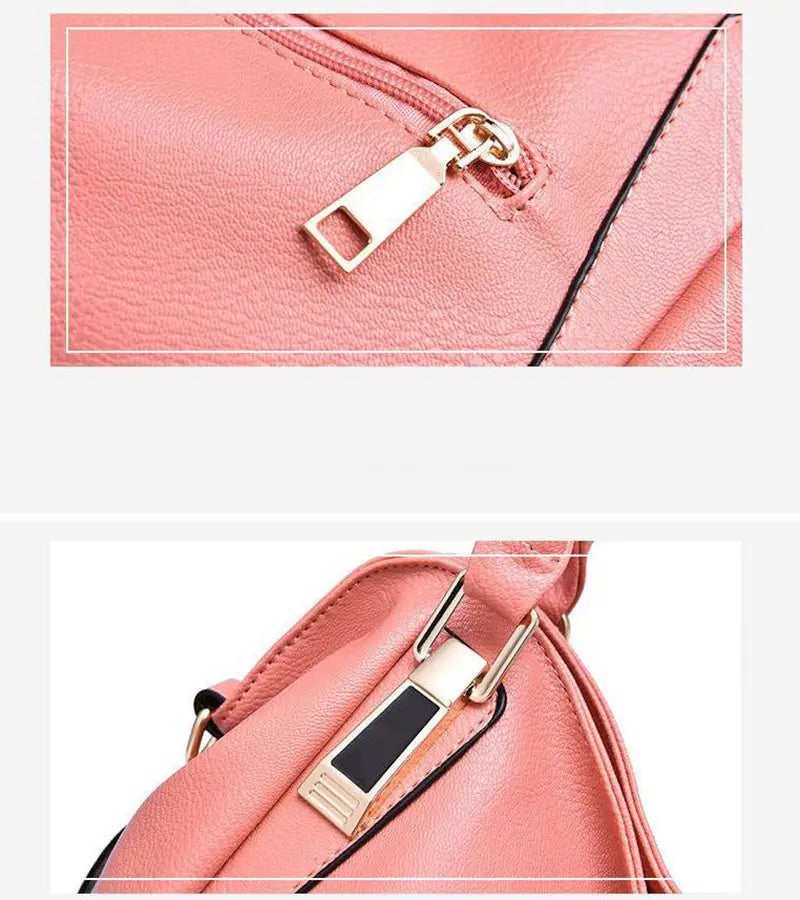 Pink faux leather women totes bag with high capacity featuring gold-tone zipper pulls and black trim designed as a shoulder bag.