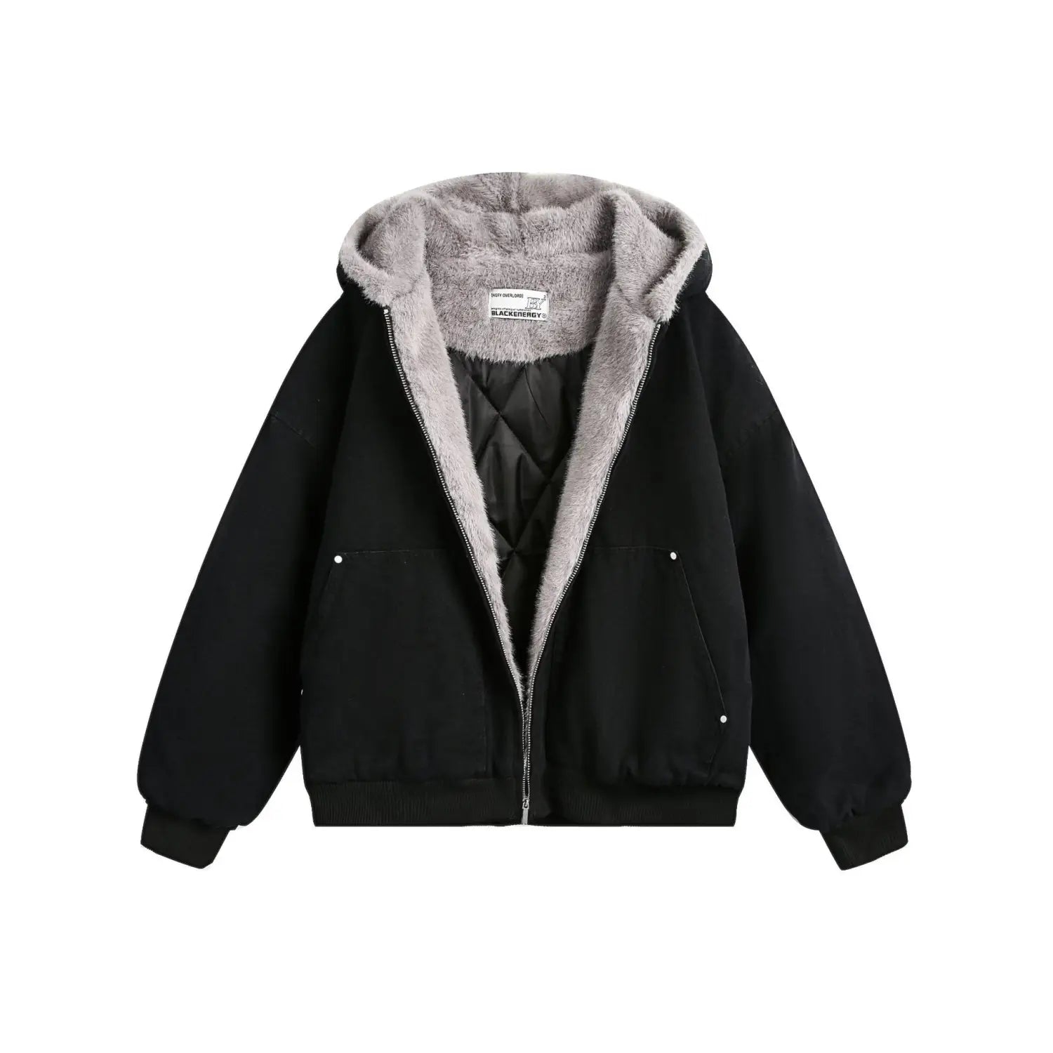 Chaqueta con capucha en color negro, con forro de felpa gris y interior acolchado, correspondiente al abrigo acolchado de invierno de algodón con forro de piel sintética para hombre y mujer.