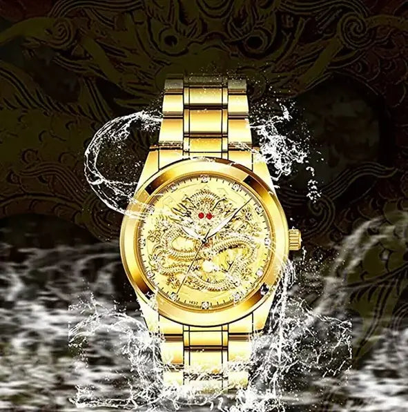 Men’s luxury 18k gold dragon diamond quartz watch with a golden dragon-themed face and a metallic bracelet featuring intricate engraved design.