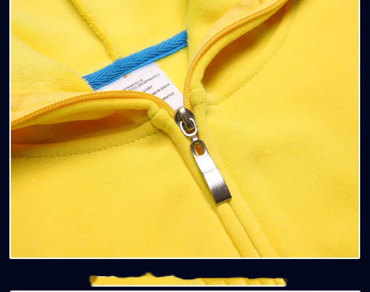 Men’s contrast trim fleece zip hoodie in bright yellow with a metallic silver zipper pull and blue trim along the collar.