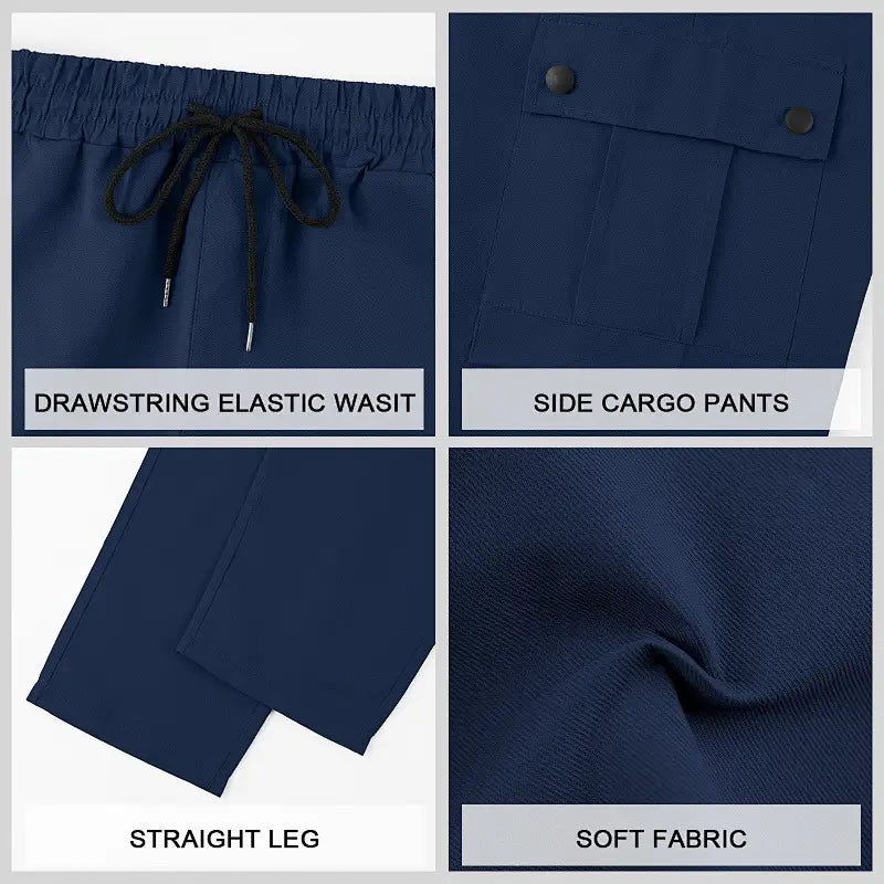Mens straight leg cargo work pants in navy blue featuring a drawstring elastic waist, straight legs, and soft fabric for comfort.