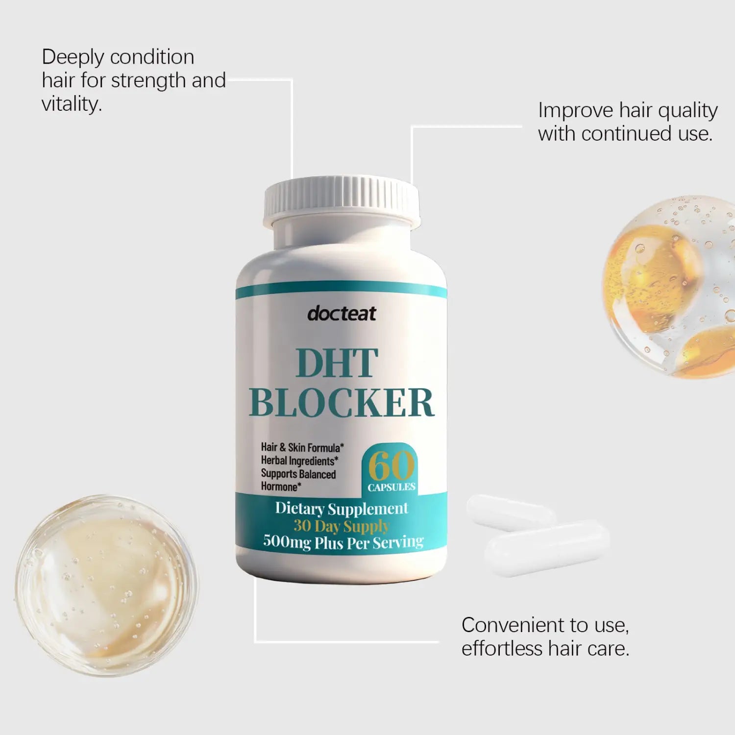 White plastic bottle with teal and black labeling of docteat dht blocker hair growth capsules containing 60 softgels for a 30-day supply.