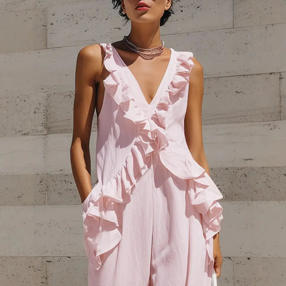A soft pink sleeveless jumpsuit with layered ruffles along the v-neckline and sides designed as a ruffled v-neck resort jumpsuit.