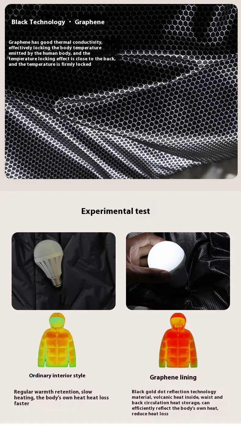 black graphene lining with a hexagonal mesh pattern designed for thermal conductivity and heat retention in a waterproof thermal winter puffer jacket