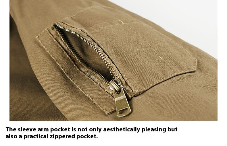 Men cotton shearling bomber jacket featuring a tan canvas sleeve arm pocket with a silver zipper.