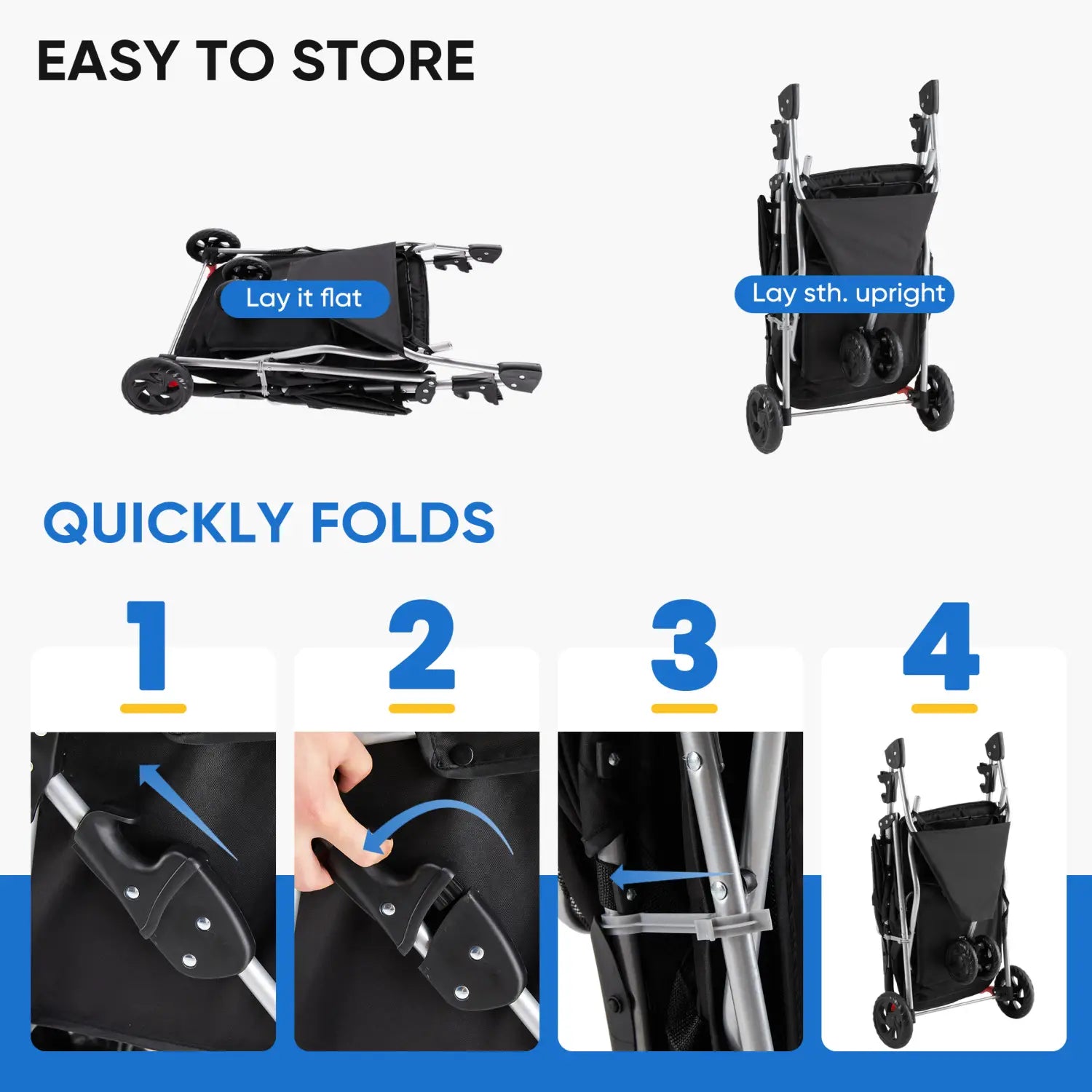 Black pet stroller with black fabric, silver metal frame, swivel wheels, and cushion shown from the back side.