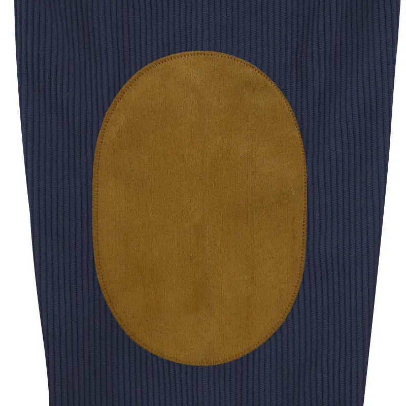 Navy blue slim fit corduroy pants with ribbed texture and tan suede elbow patch from the slim fit corduroy patchwork pullover with contrast accents collection.