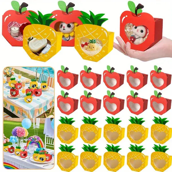 apple party favor boxes 20 pcs in red and yellow paper shaped like apples with green leaf tops and heart window for festive gift packaging