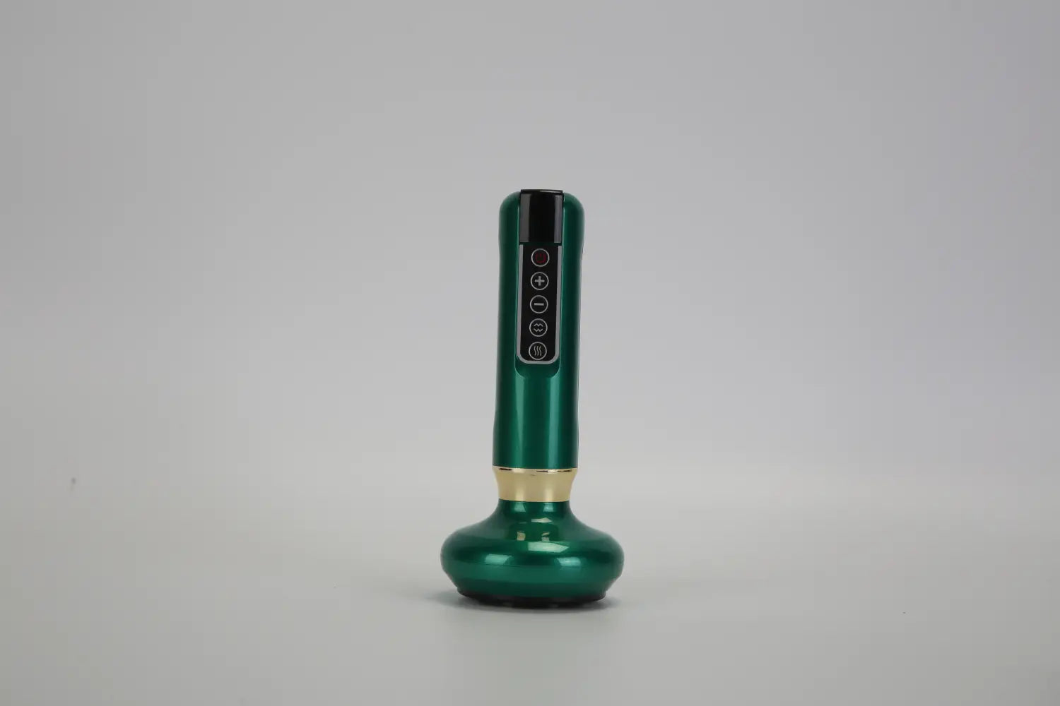 Masajeador para celulitis y copa eléctrica inteligente de 12 niveles de mano color verde esmeralda, con un acabado metálico elegante y anillo de acento dorado.
