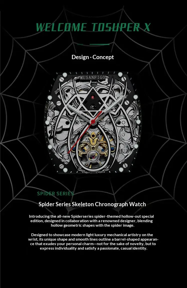 Men’s barrel skeleton automatic mechanical sport watch in black and silver featuring a spider-themed hollow-out design with intricate mechanical gears and gold-toned accents.
