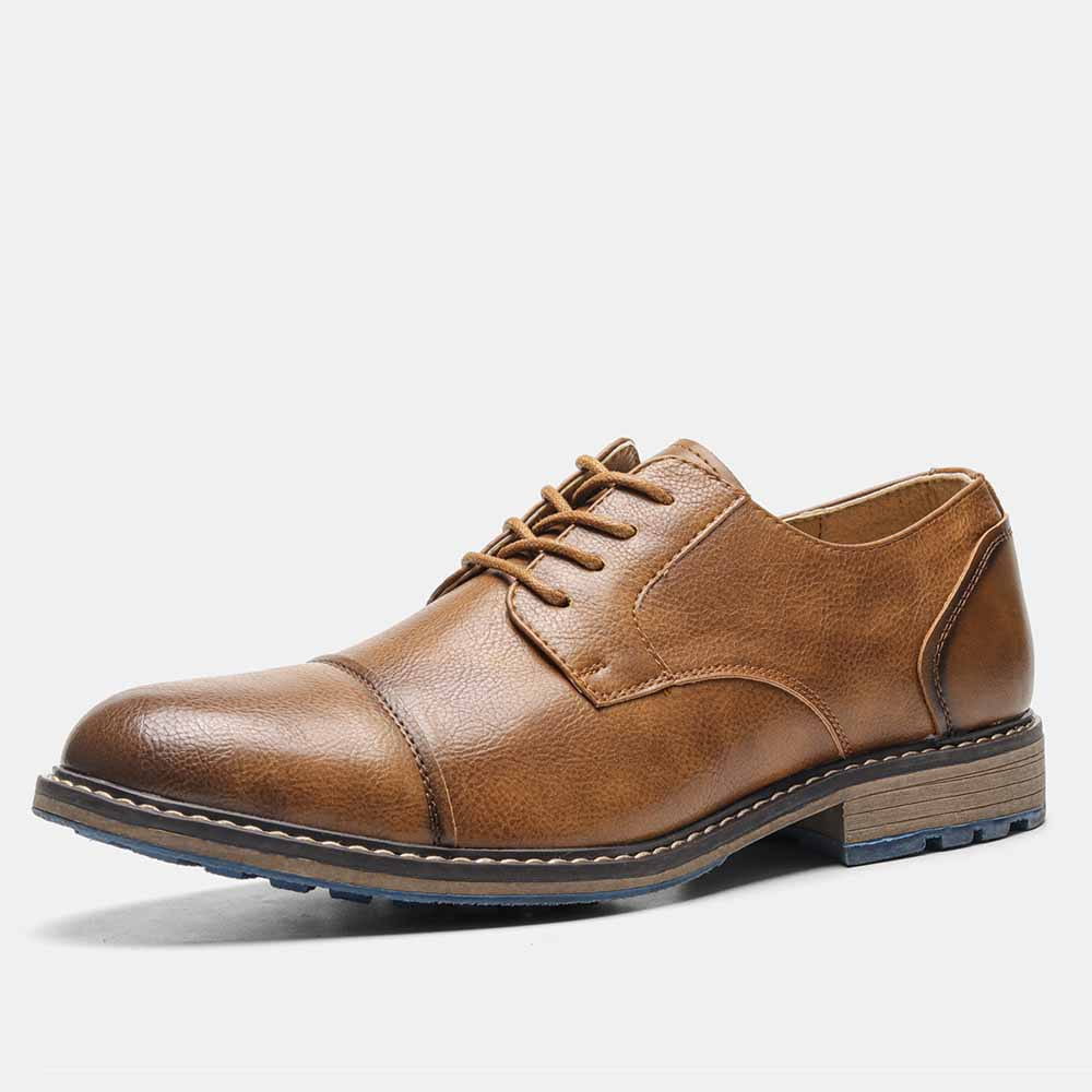 Herren-Braune Lederschuhe mit Kappenzehen im Retro-Business-Casual-Stil, als Schnürschuh, mit kontrastierenden Ziernähten.