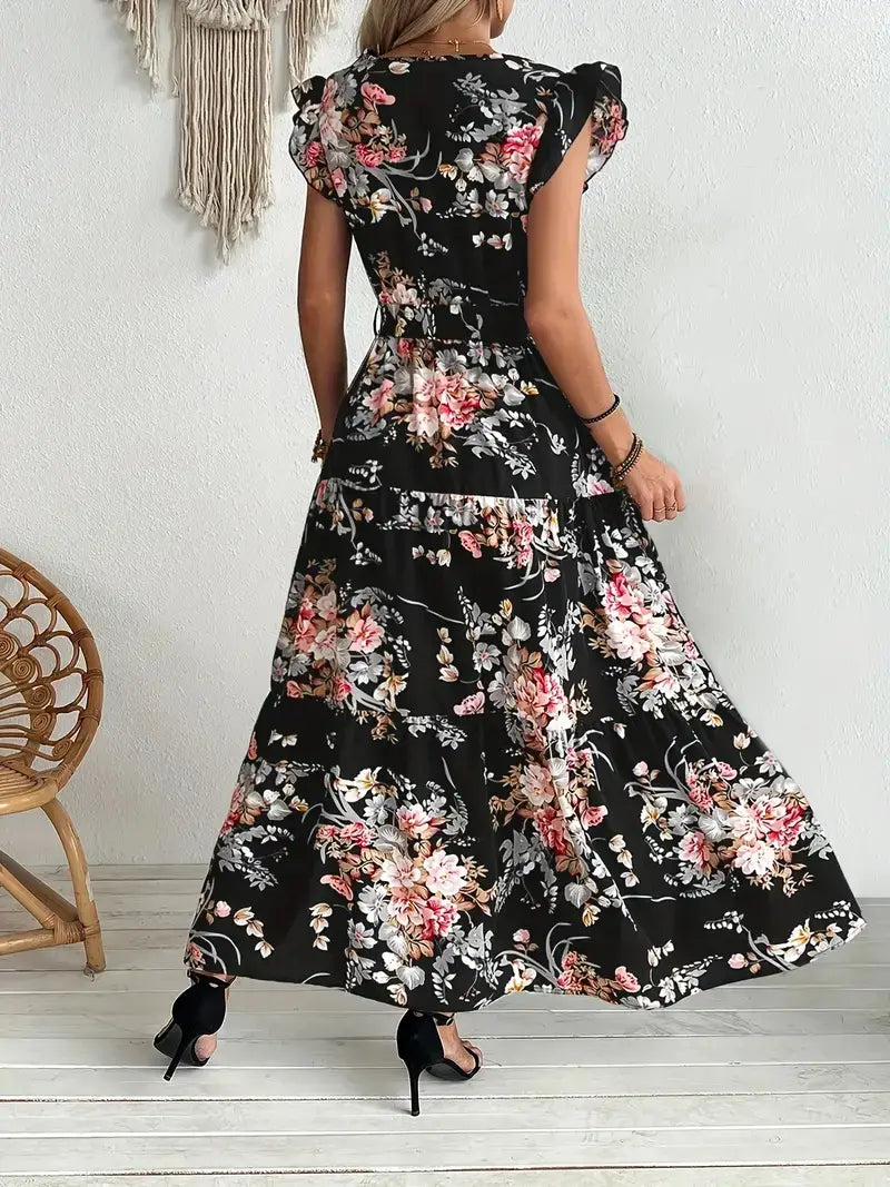 Robe longue maxi noire à imprimé floral, à manches courtes bouffantes froncées et à jupe à étages, avec un décolleté en V et une taille ceinturée.