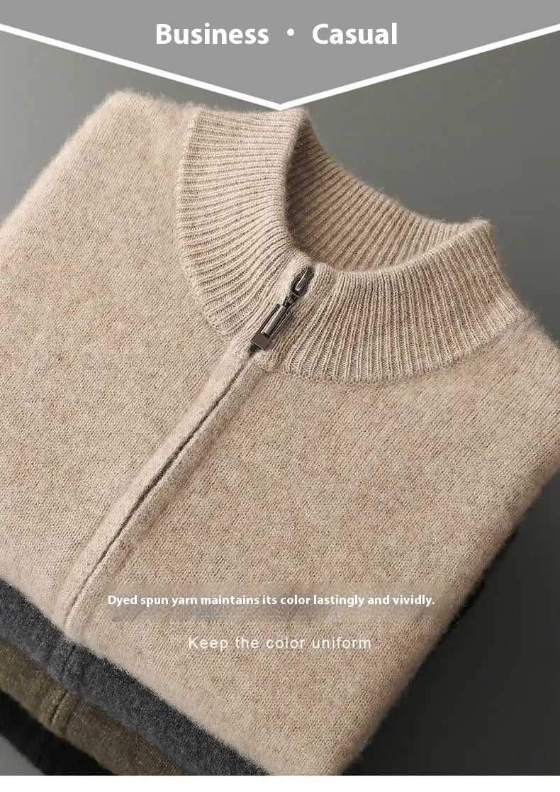Beige cashmere quarter-zip sweater with ribbed collar and front zipper from men wool cardigan sweatsuit collection.