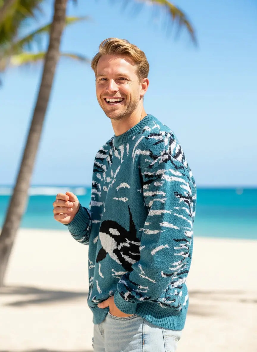 Petrolgrüner Strickpullover mit einem Schwarz-Weiß-Orca-Design und kleineren Fischmustern im Casual-Koreanpullover-Stil.