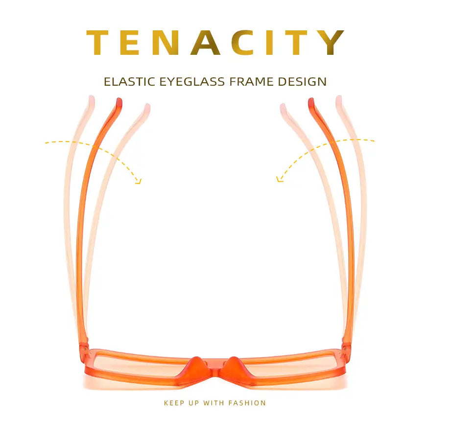 Tenacity brand elastic eyeglass frame in translucent orange with a sleek modern design featured in oversized square translucent UV400 fashion sunglasses.