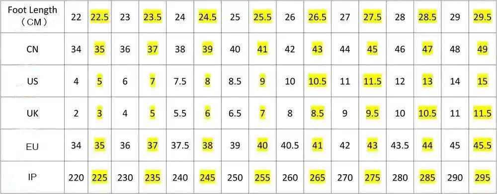 Tableau de conversion de la longueur du pied, avec des mesures en surbrillance jaune pour les tailles de chaussures cn, us, uk, eu et ip, accompagné de mocassins à plateforme en daim sable avec patins à mors, bout rond et talon plat.