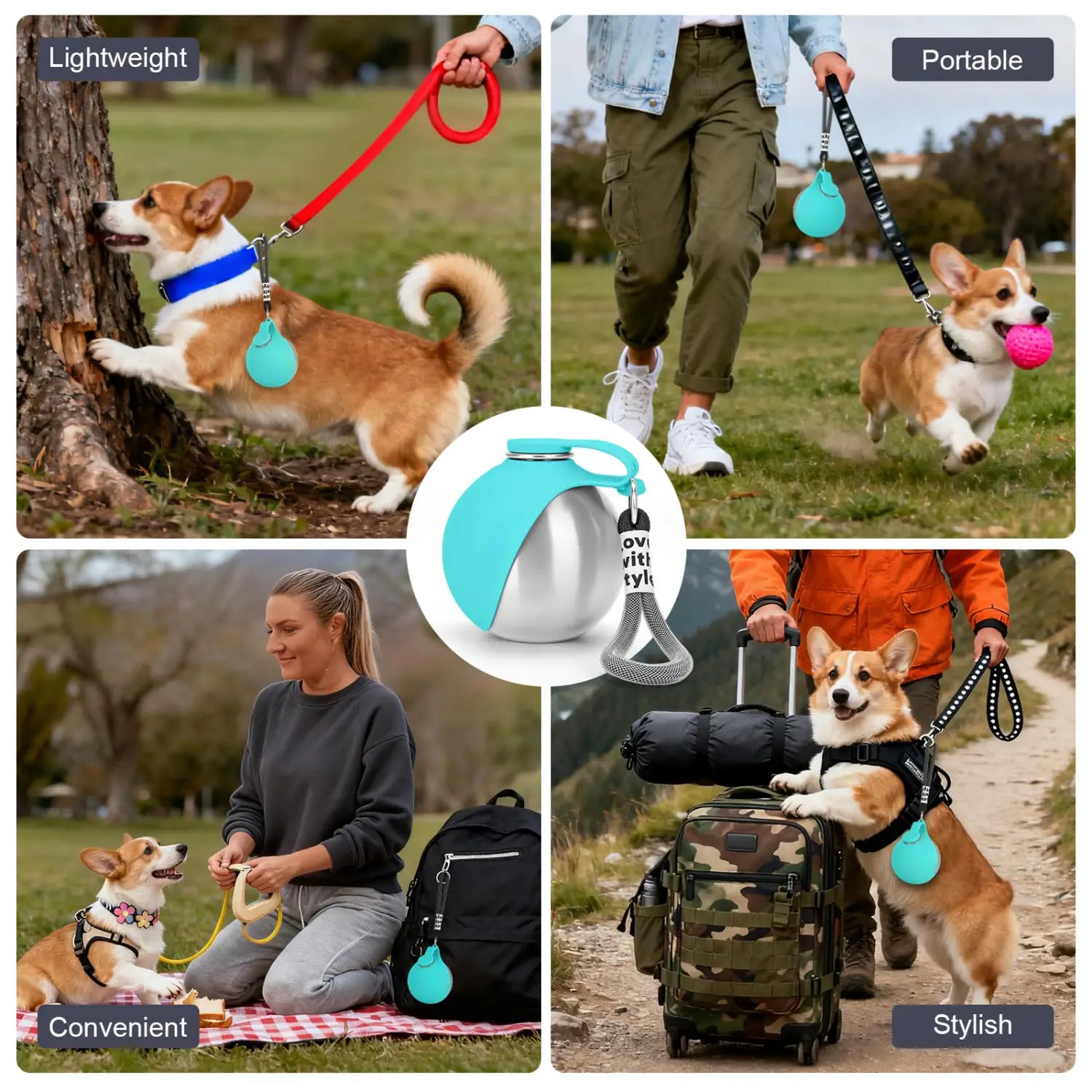 Ein eleganter, zweifarbiger tragbarer Spender für eine Hunde-Wasserflasche aus Edelstahl mit türkisfarbenem Silikonoberteil und silbernem Metallkörper.