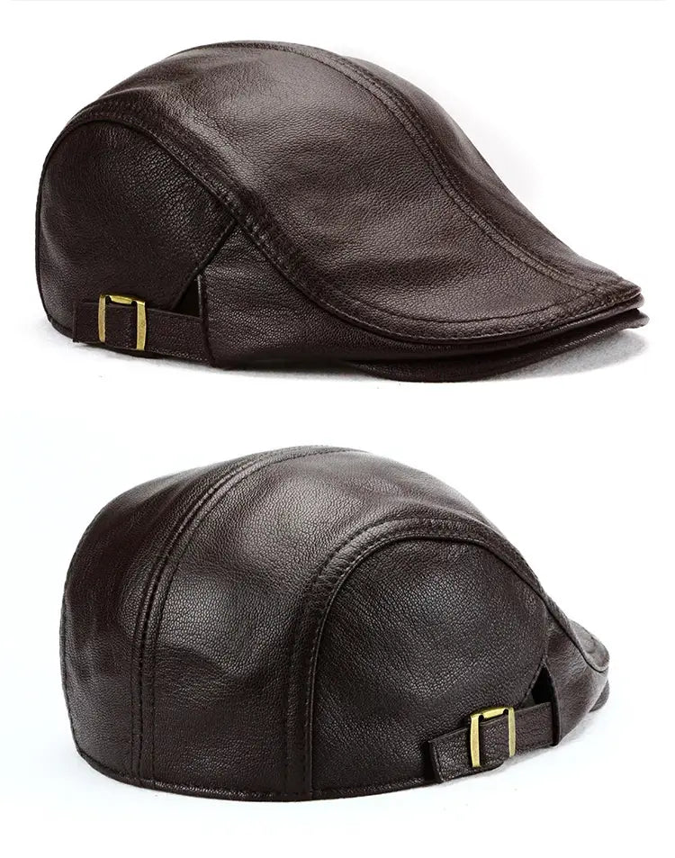 Dark brown leather flat cap for men with a gold-toned buckle adjustment strap designed as a warm winter hat.