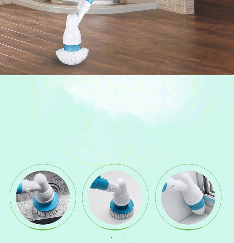 Blue and white electric spin scrubber with soft bristles designed for cleaning hardwood floors in kitchens and baths.