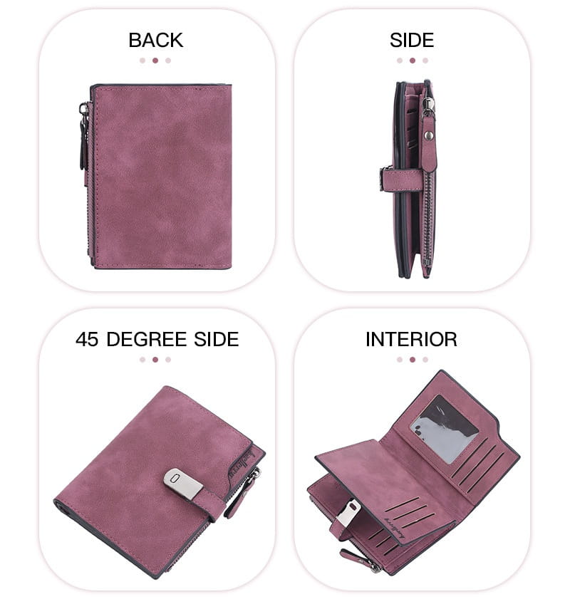 A sleek dusty rose-colored women’s short faux leather multi slot wallet with a textured finish and silver-toned zipper accents.