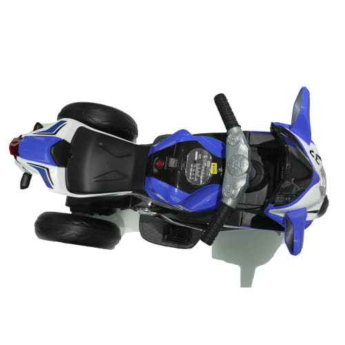 Blue and white 6v kids electric ride on motorcycle with black tires and handlebars designed for children.