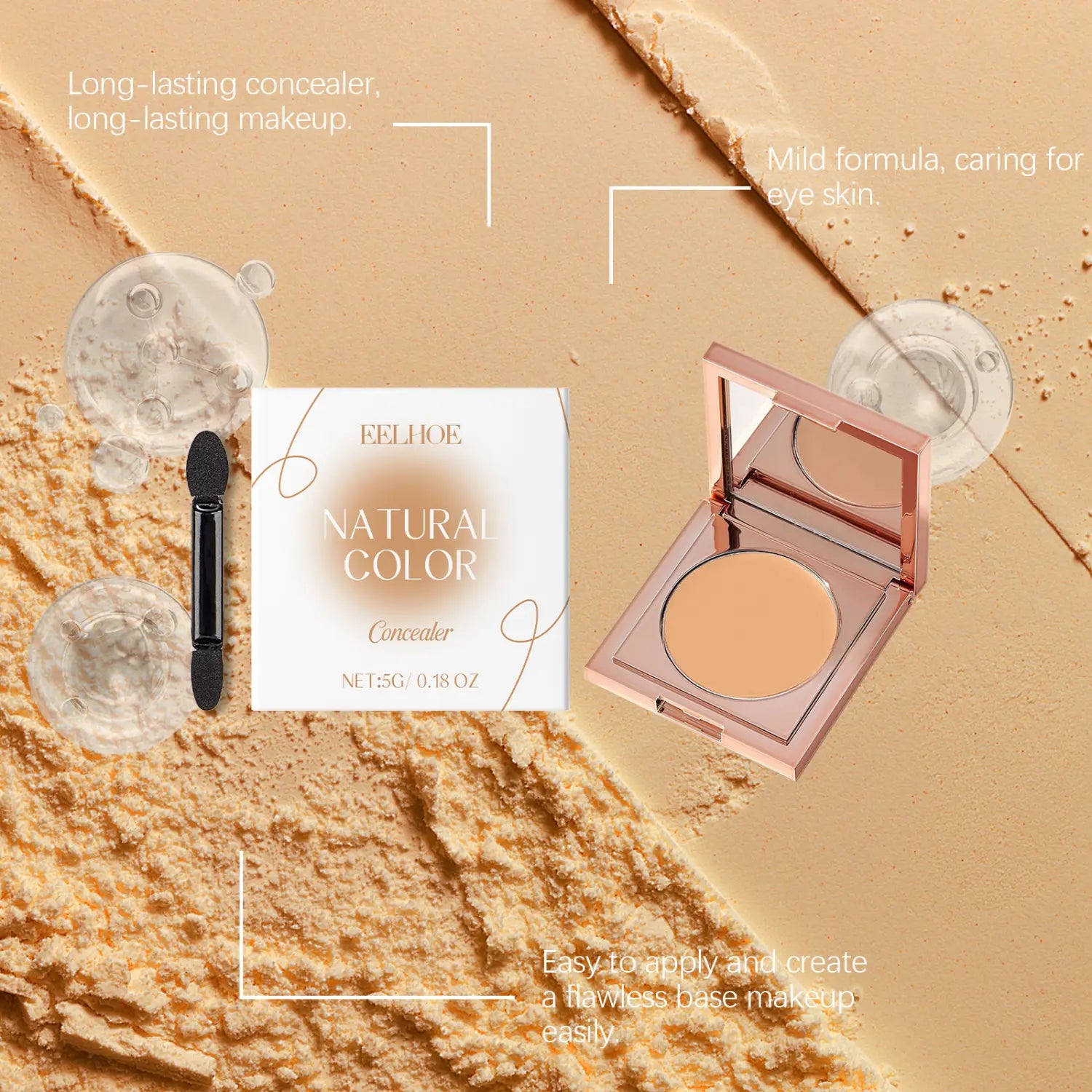 Rose gold compact eye concealer for sensitive skin with creamy coverage and smooth beige powder in an elegant rectangular case.