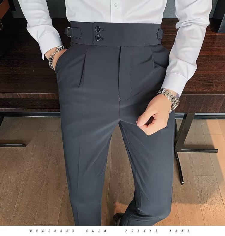 Dark gray slim-fit formal trousers with high-waisted design and double-button closure from the Korean style slim fit men trousers collection.