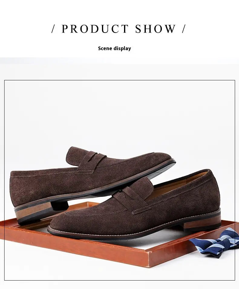 Men’s brown suede penny loafer casual leather shoes featuring a classic slip-on design with contrasting dark soles.