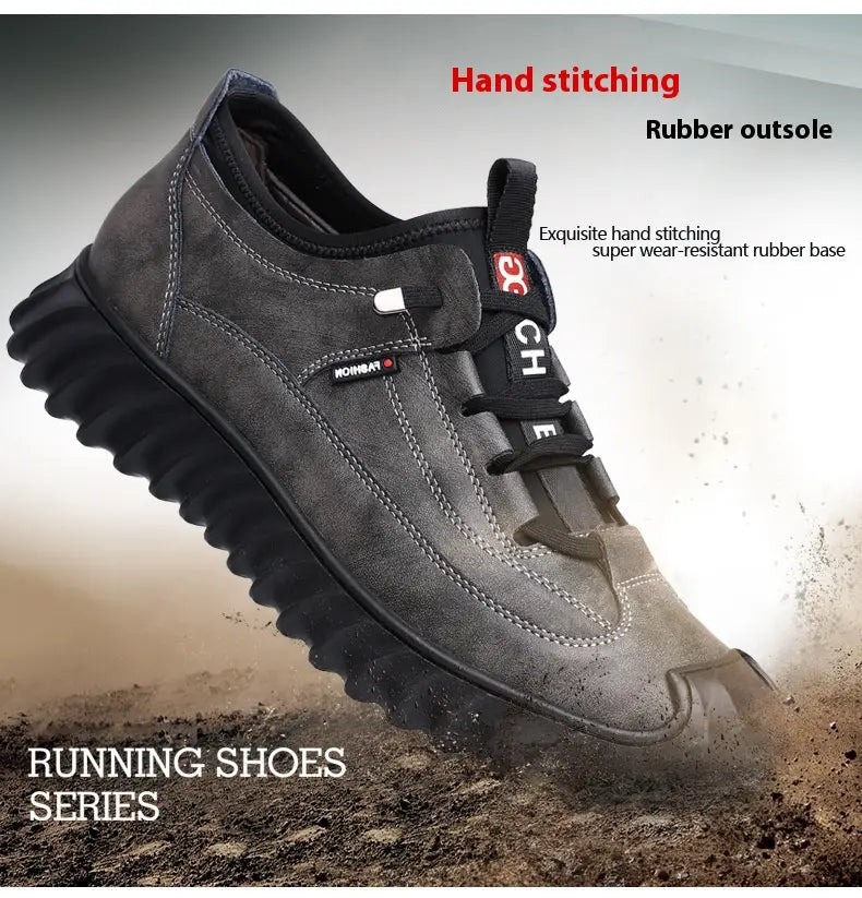 Men’s dark gray suede casual sneakers with black laces and chunky rubber sole for running.