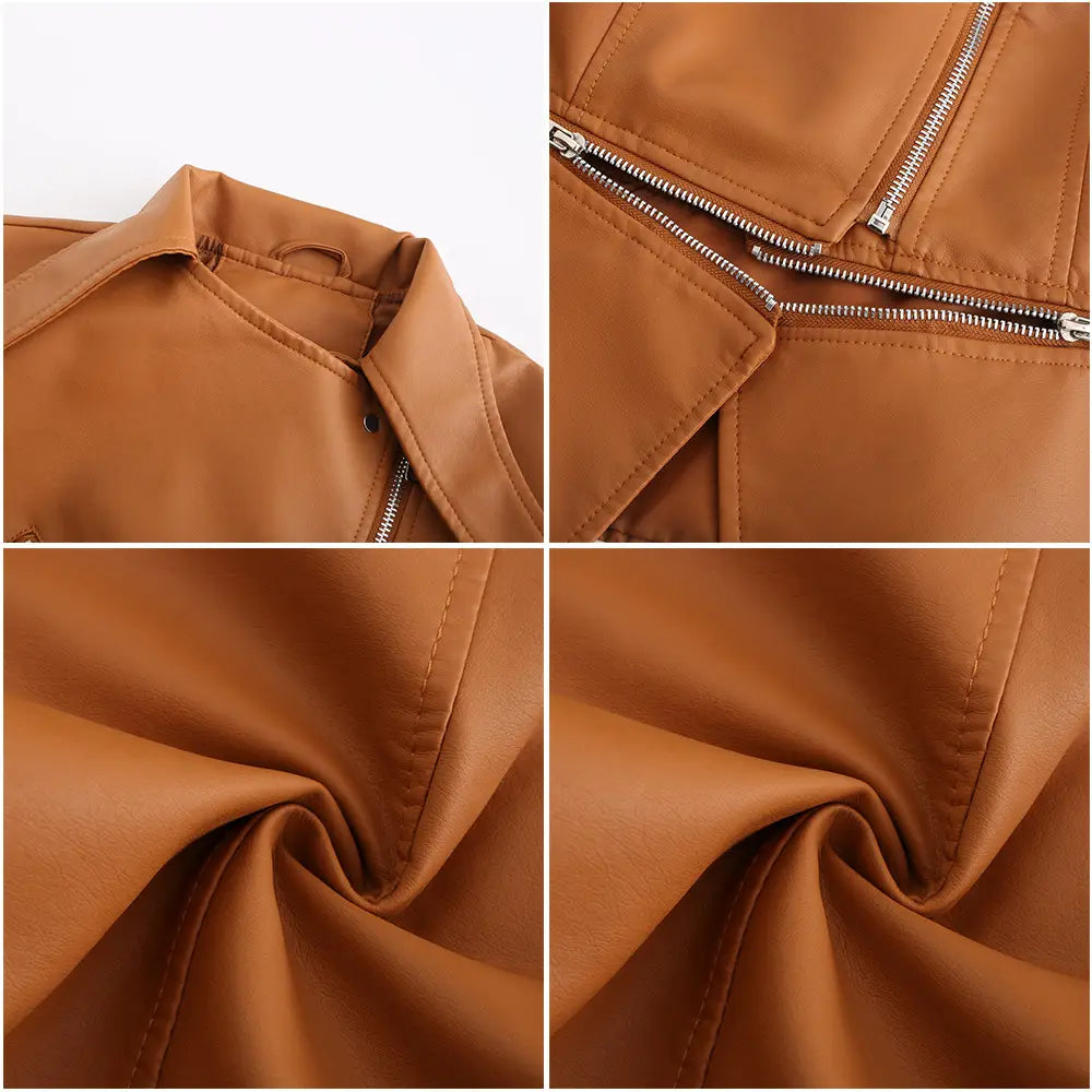 Tan faux leather motorcycle jacket slim fit biker coat featuring silver zippers and neat stitching.