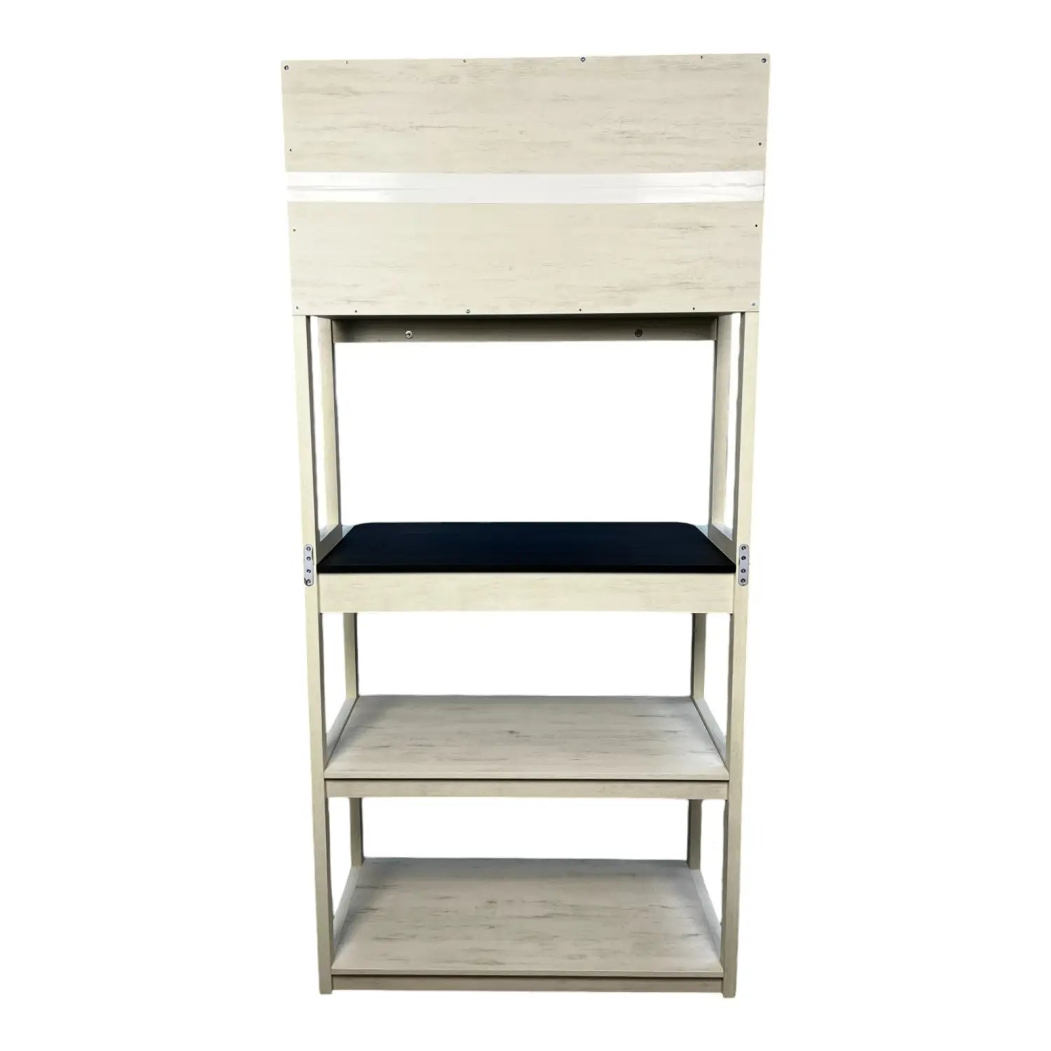 A modern 5-tier kitchen baker’s rack microwave stand in white and black featuring a light-colored wooden shelving unit with a black cushioned seat and three open shelves.