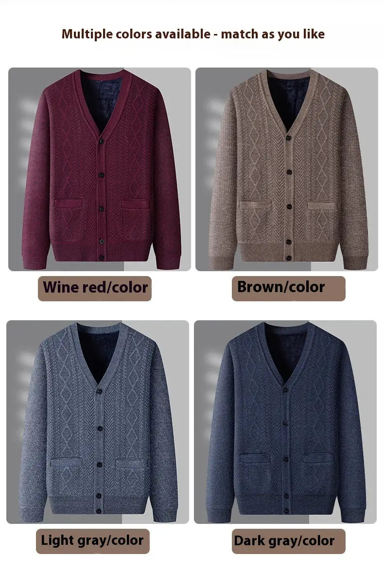 Herren-gestreifter Strickcardigan aus Wolle mit V-Ausschnitt und Knopfverschluss sowie Diamantmuster-Strick, erhältlich in Weinrot, Braun, Hellgrau oder Dunkelgrau.