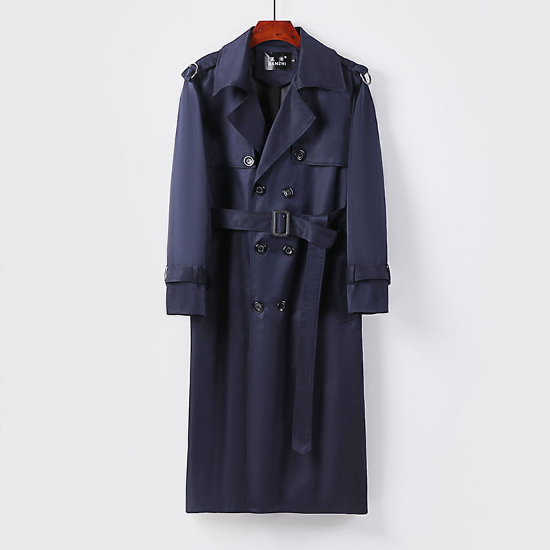 Plus size men trench coat thickened black over-knee in navy blue with double-breasted design black buttons and matching belt.