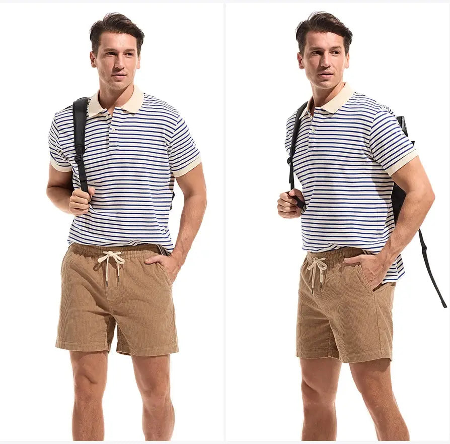 Men’s navy and white striped cotton polo shirt with cream-colored collar and sleeve cuffs paired with cotton corduroy shorts for casual summer wear.