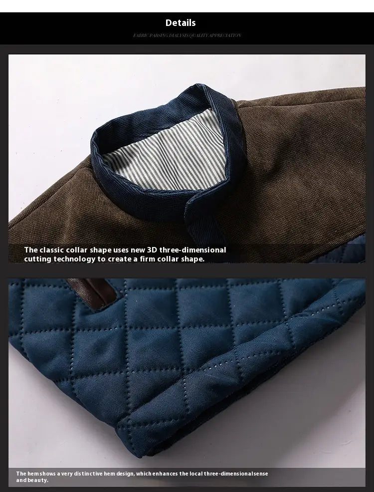 Veste matelassée en velours côtelé brun foncé pour hommes avec col en daim bleu marine et doublure intérieure en coton à rayures, vêtement d’extérieur.