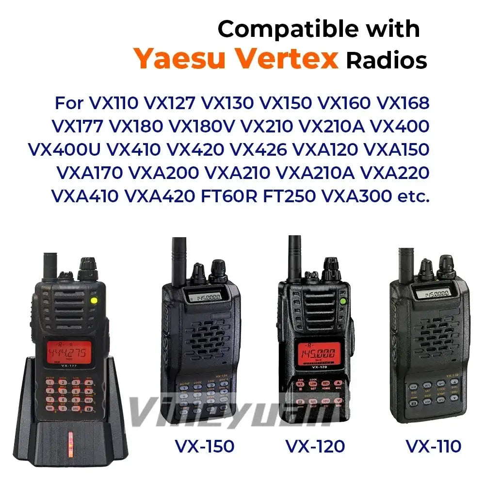 Black yaesu vertex vx-150 two-way radio with red digital display and keypad shown with cd-30 desktop battery charger for vertex standard radios