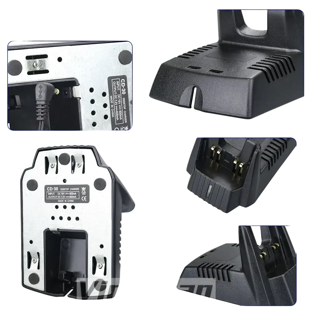 Black plastic cd-30 desktop battery charger with gold-colored contacts and sturdy base for vertex standard radios