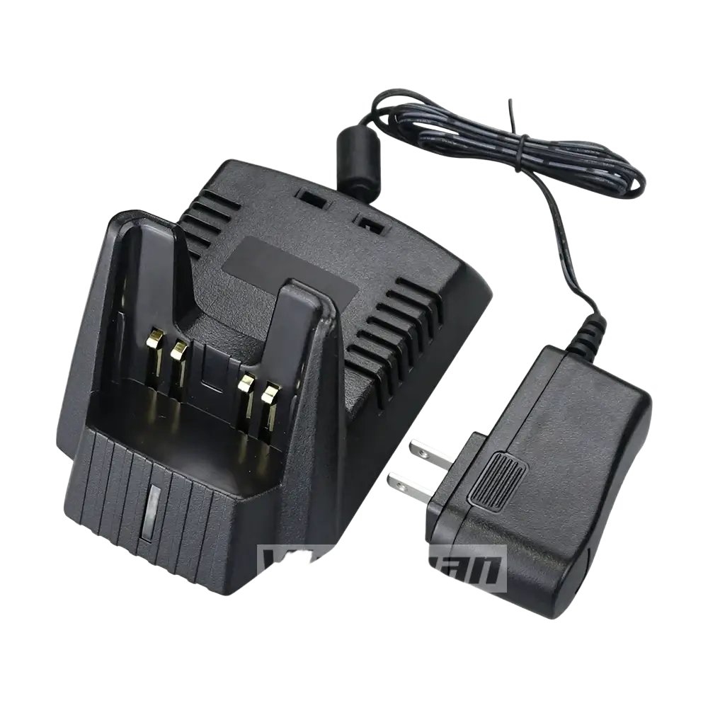 Black plastic two-slot battery charger with gold contacts and power adapter for vertex standard radios cd-30 desktop charger