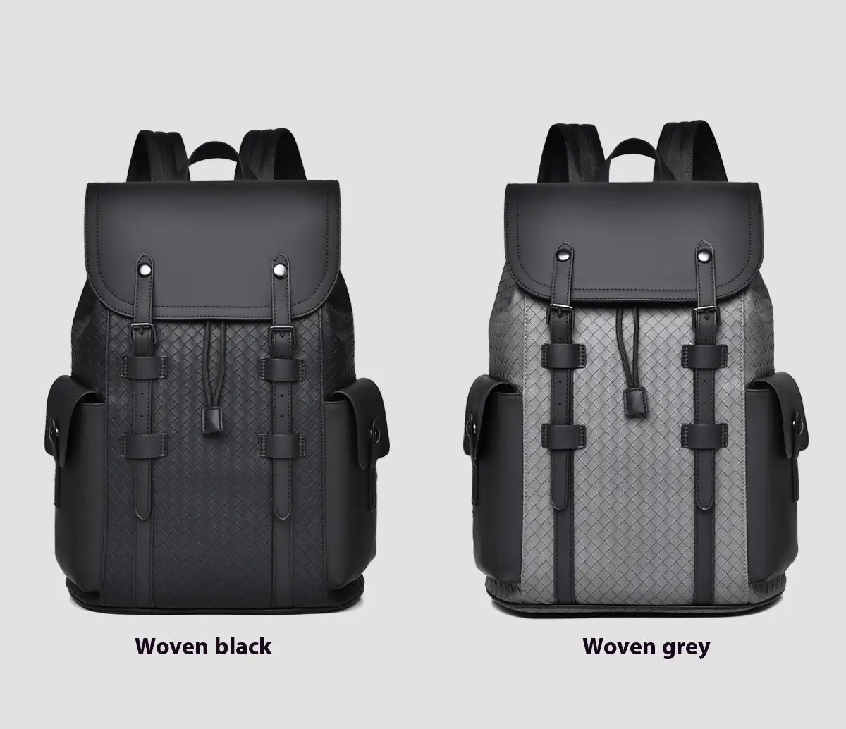 men’s leather business travel backpacks in black and grey woven leather with a structured design featuring contrasting straps and front pockets and a laptop sleeve.