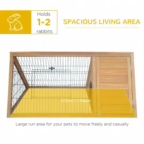 wooden a-frame rabbit hutch outdoor small animal cage with wire mesh sides, a solid wooden door, and a yellow floor mat.