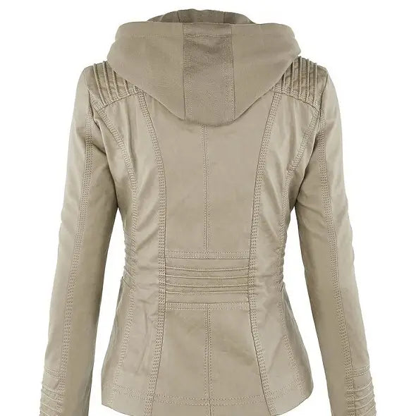 Beige faux leather moto jacket with ribbed detailing and a detachable hood displayed from the front.