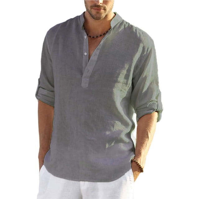 Men’s casual gray linen button-up shirt with rolled sleeves and subtle texture ideal for a relaxed yet stylish look.